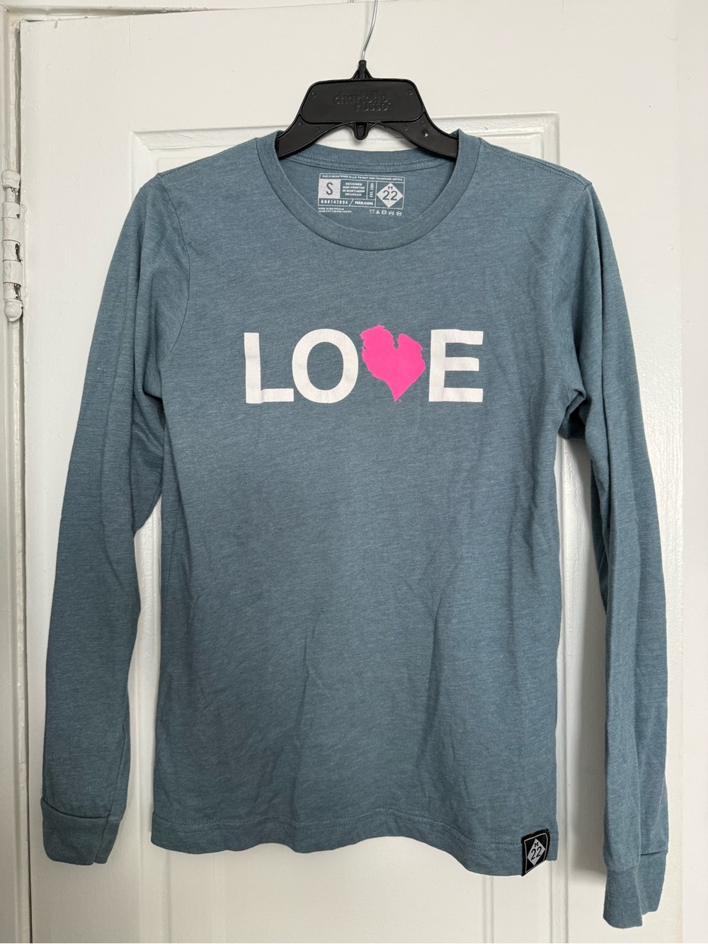 Long-Sleeve M22 LOVE Graphic Tee - Blue with Pink Heart